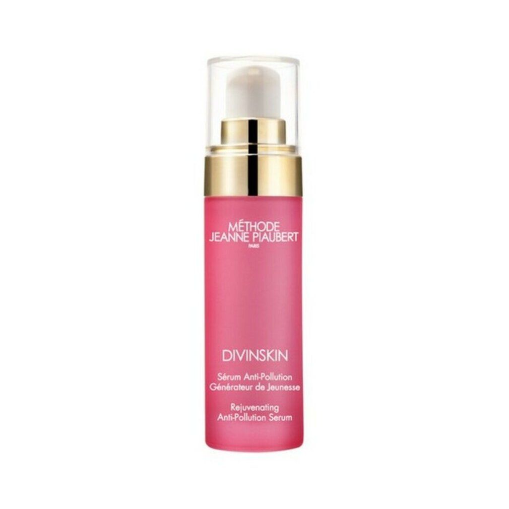 Rosa Flasche mit goldfarbenem Deckel. Aufschrift: DIVINSKIN, Sérum Anti-Pollution, Générateur de Jeunesse.