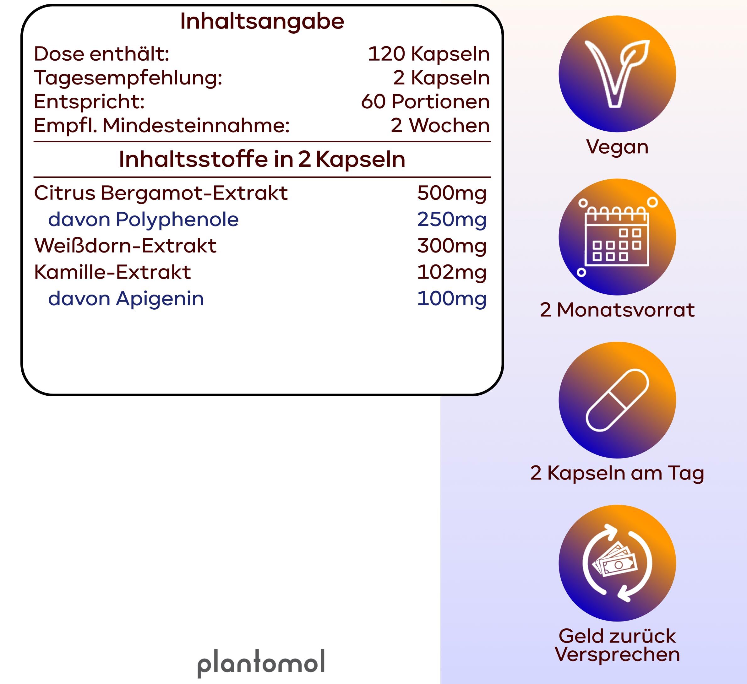 plantomol® Dornröschen Abendroutine Kapseln - Apigenin Bergamotte Extrakt & Weißdorn Extrakt