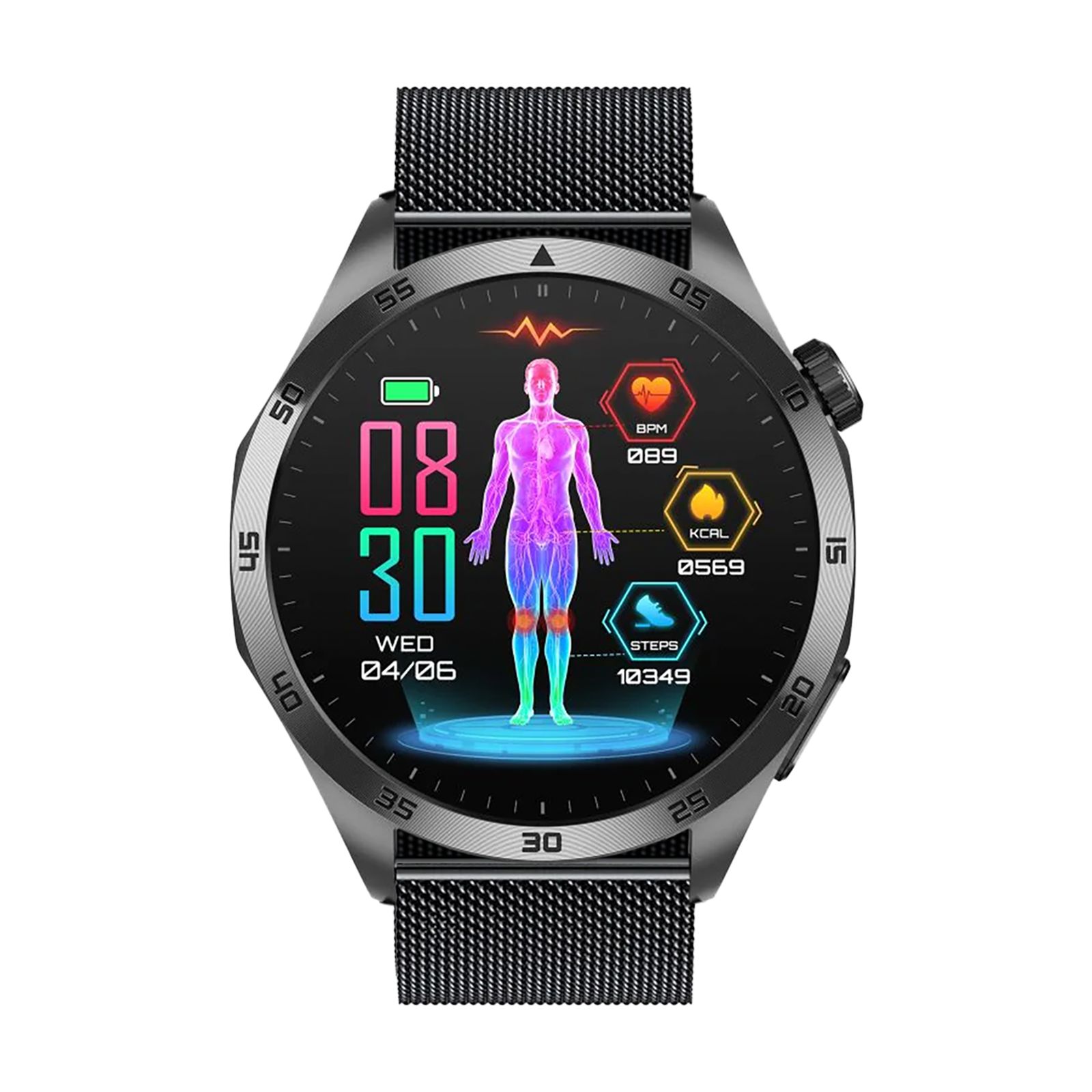 Schwarze Smartwatch mit Metallarmband. Rundes Zifferblatt mit Gesundheitsdaten, Körperabbildung und Uhrzeit. Edelstahl-Schließe.