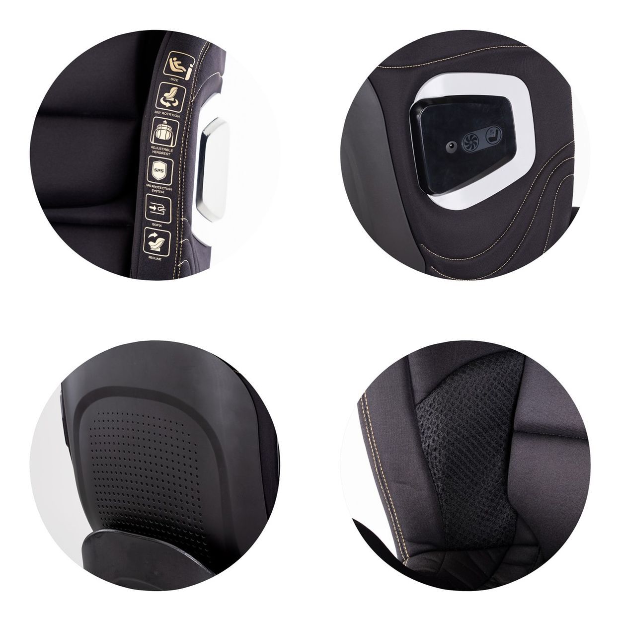 Vier Ansichten eines schwarzen Kindersitzes, Modell KIKKO DUO, mit ISOFIX.