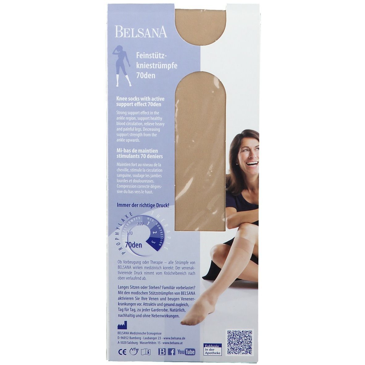 Belsana Feinstützkniestrümpfe 70den, Kristall. Verpackung mit Produktabbildung, Text und einer Frau, die Strümpfe trägt.