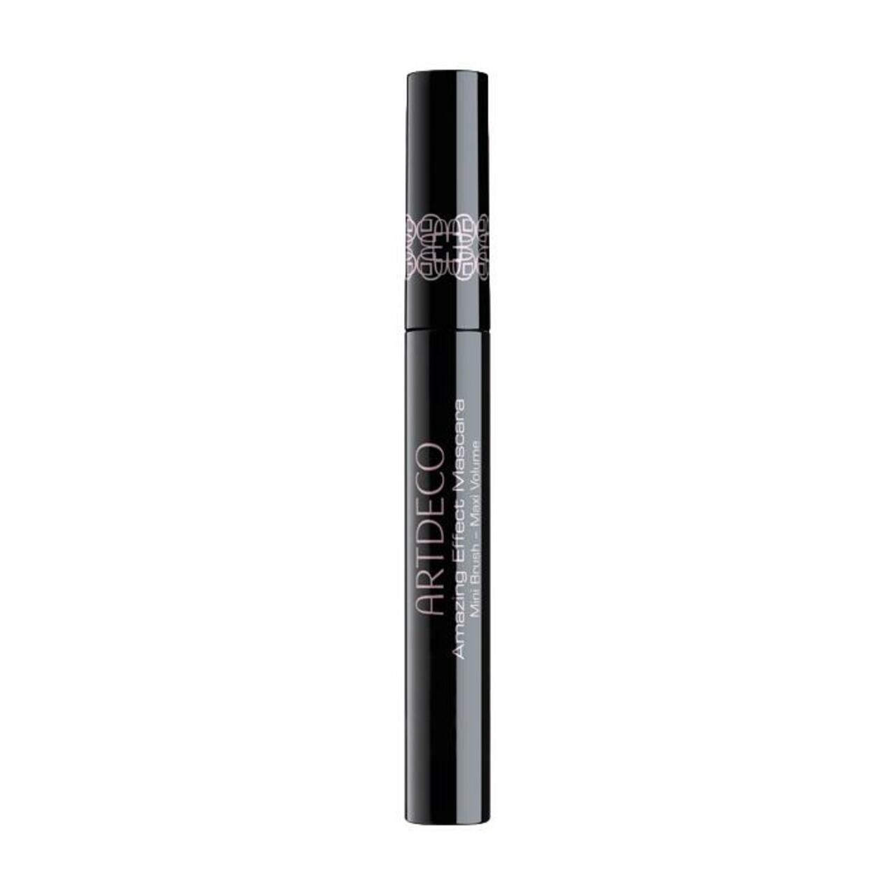 Schwarze Mascarahülse mit Aufschrift: Artdeco Amazing Effect Mascara. Mini Brush - Maxi Volume. Auf dem Deckel ein Muster.
