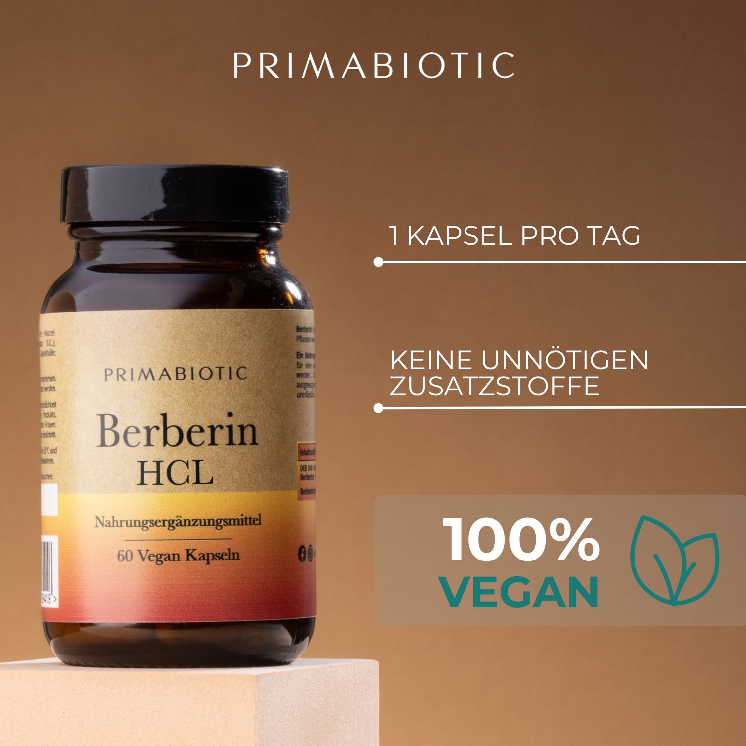 Braune Flasche mit schwarzem Deckel. Etikett mit "PRIMABIOTIC", "Berberin HCL", "60 Vegan Kapseln".