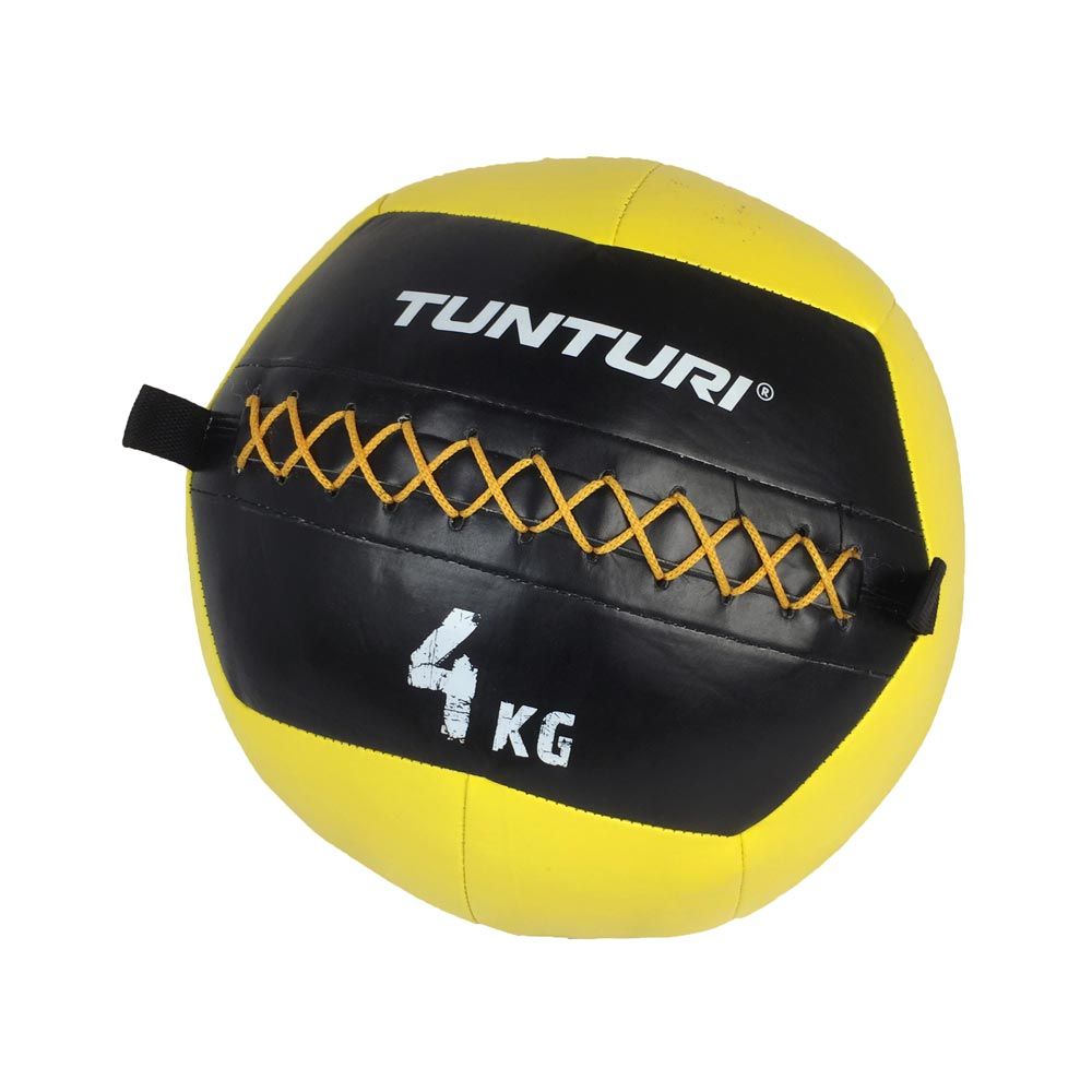 Gelb-schwarzer Wandball. Aufschrift TUNTURI. Gewicht 4 kg. Gelbe Nähte. Schwarze Schlaufen.