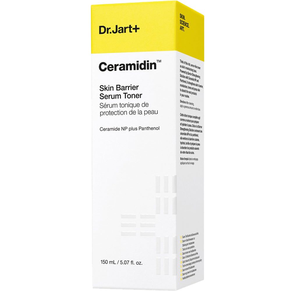 Produktflasche mit gelbem Deckel. Aufschrift: Dr.Jart+ Ceramidin Skin Barrier Serum Toner.