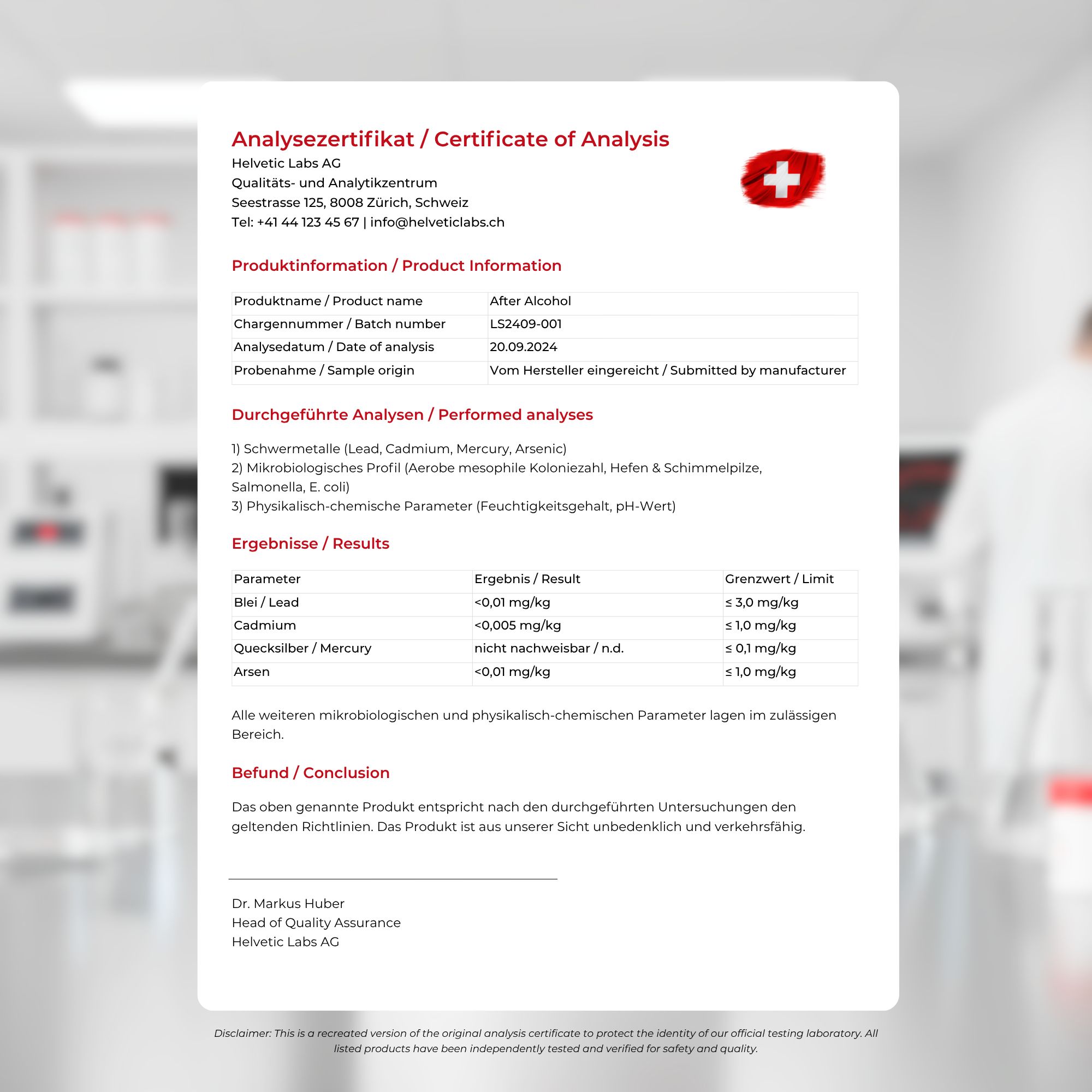 Analyse-Zertifikat der Helvetic Labs AG. Enthält Informationen zu Produkt, Analyse und Ergebnisse.