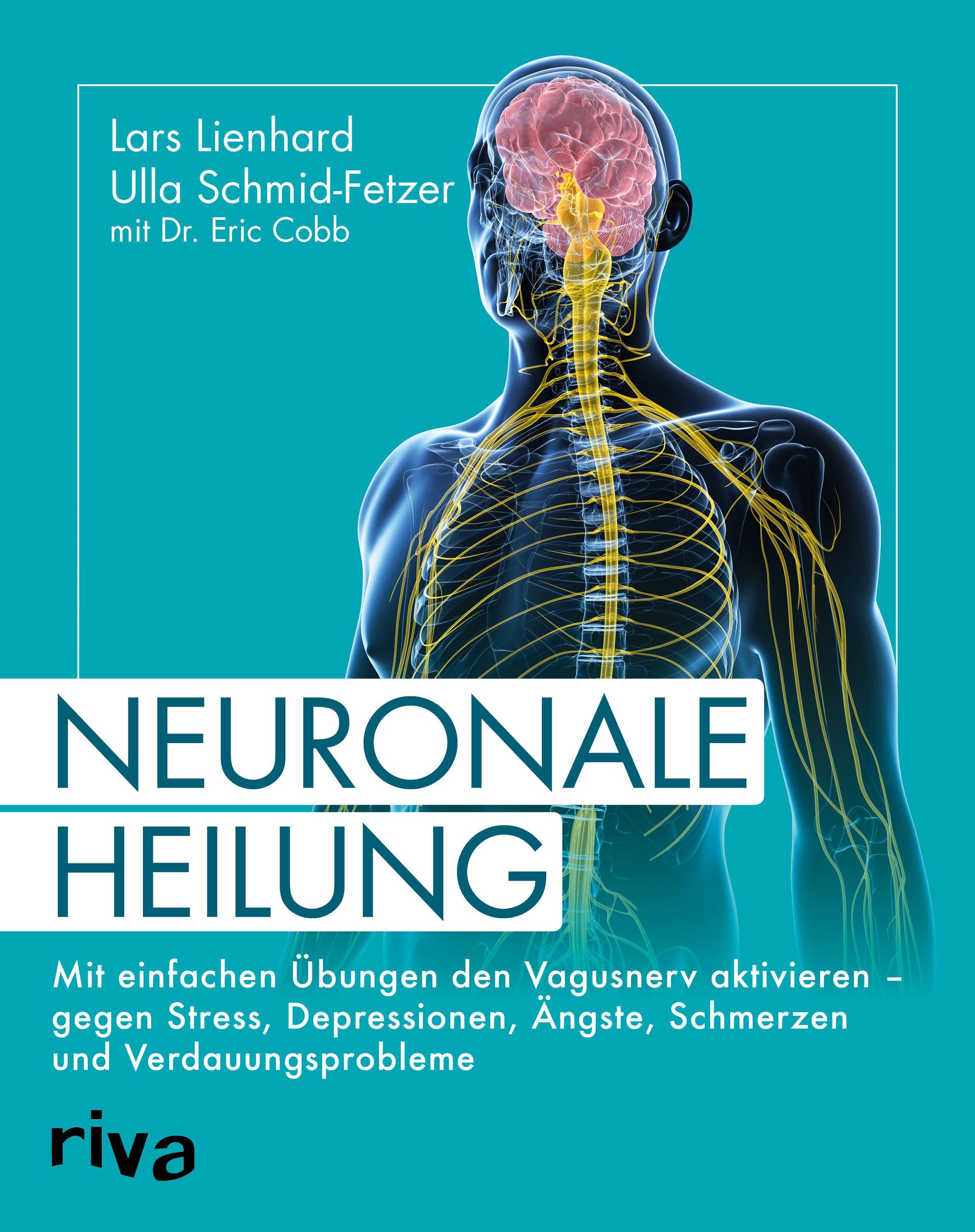 Buchcover mit Titel "NEURONALE HEILUNG". Autoren: Lars Lienhard, Ulla Schmid-Fetzer, Dr. Eric Cobb. Darstellung des Nervensystems. Verlag: riva.