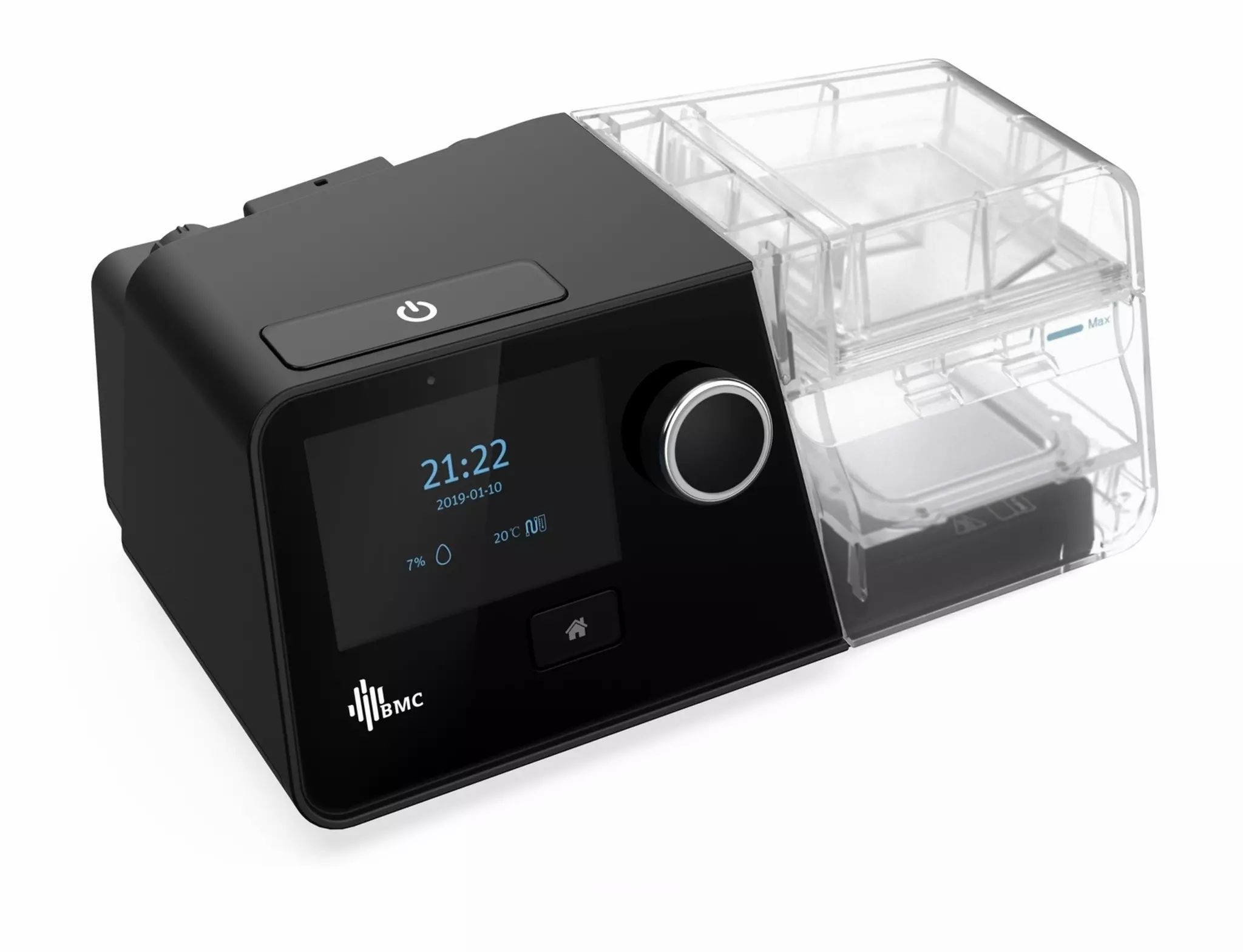 Schwarzes BMC G3 A20 Auto-CPAP-Gerät mit Display, Drehknopf und Wassertank. Zeigt Uhrzeit und Datum an. BMC-Logo.