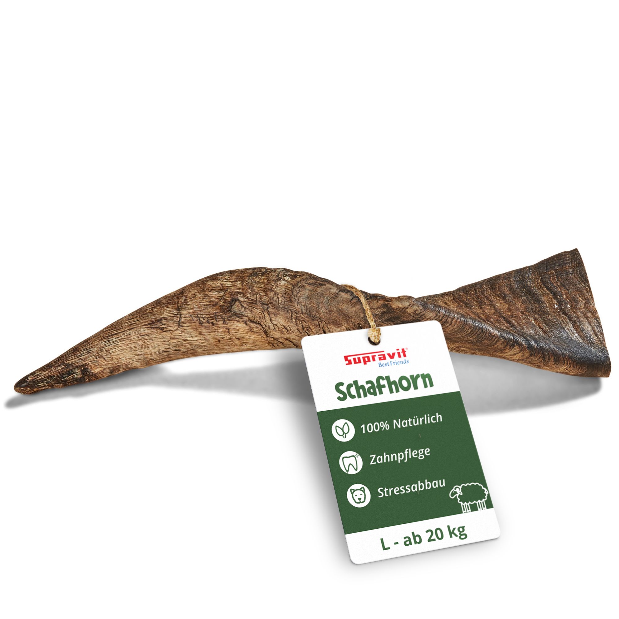 Schafhorn mit Anhänger. Auf dem Anhänger: Supravit, 100% natürlich, Zahnpflege, Stressabbau, L - ab 20 kg.
