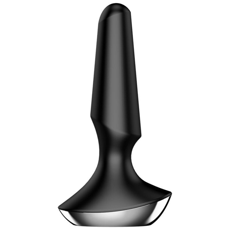 Schwarzer Analvibrator. Kegelförmiger Schaft, breiter Fuß mit silberfarbenem Rand. Glatte Oberfläche.