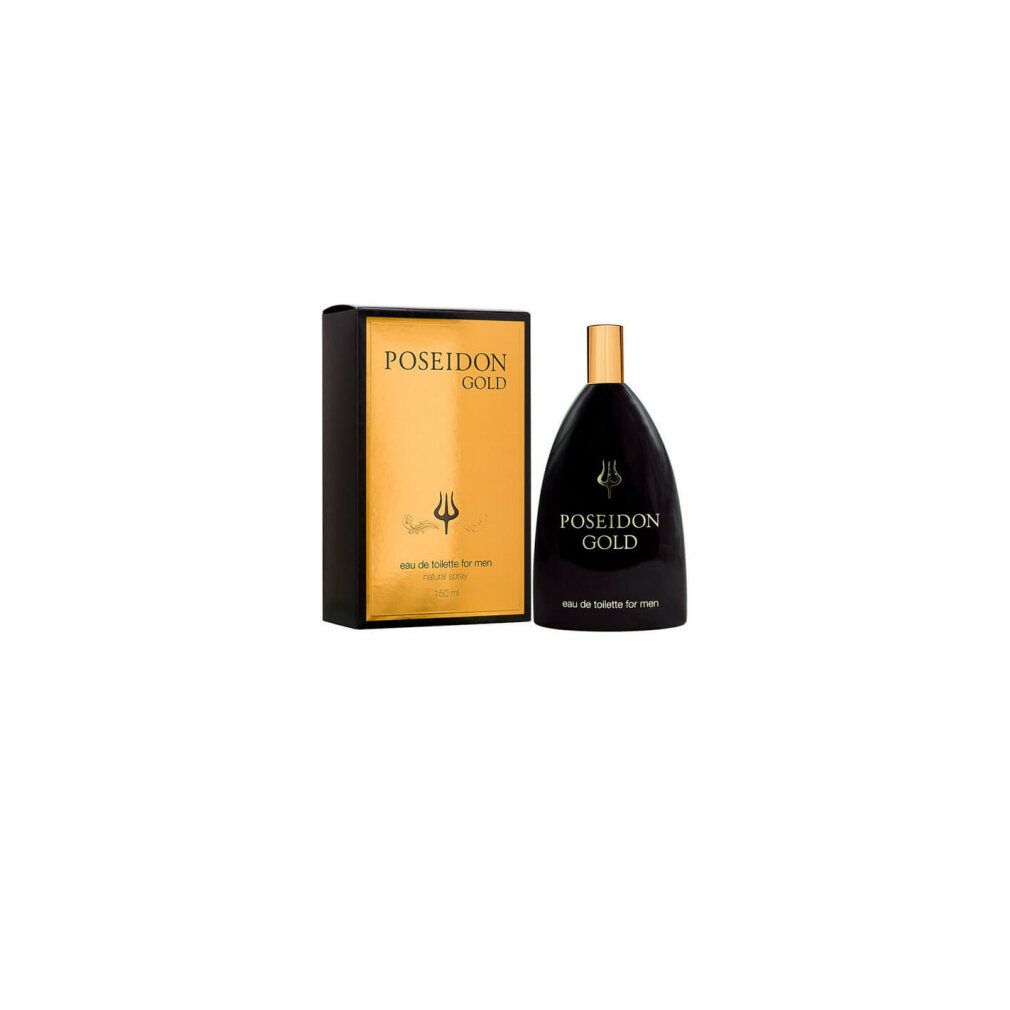 Poseidon Gold Eau de Toilette Spray für Männer, 150 ml. Schwarze Flasche mit goldenem Etikett und Kappe.