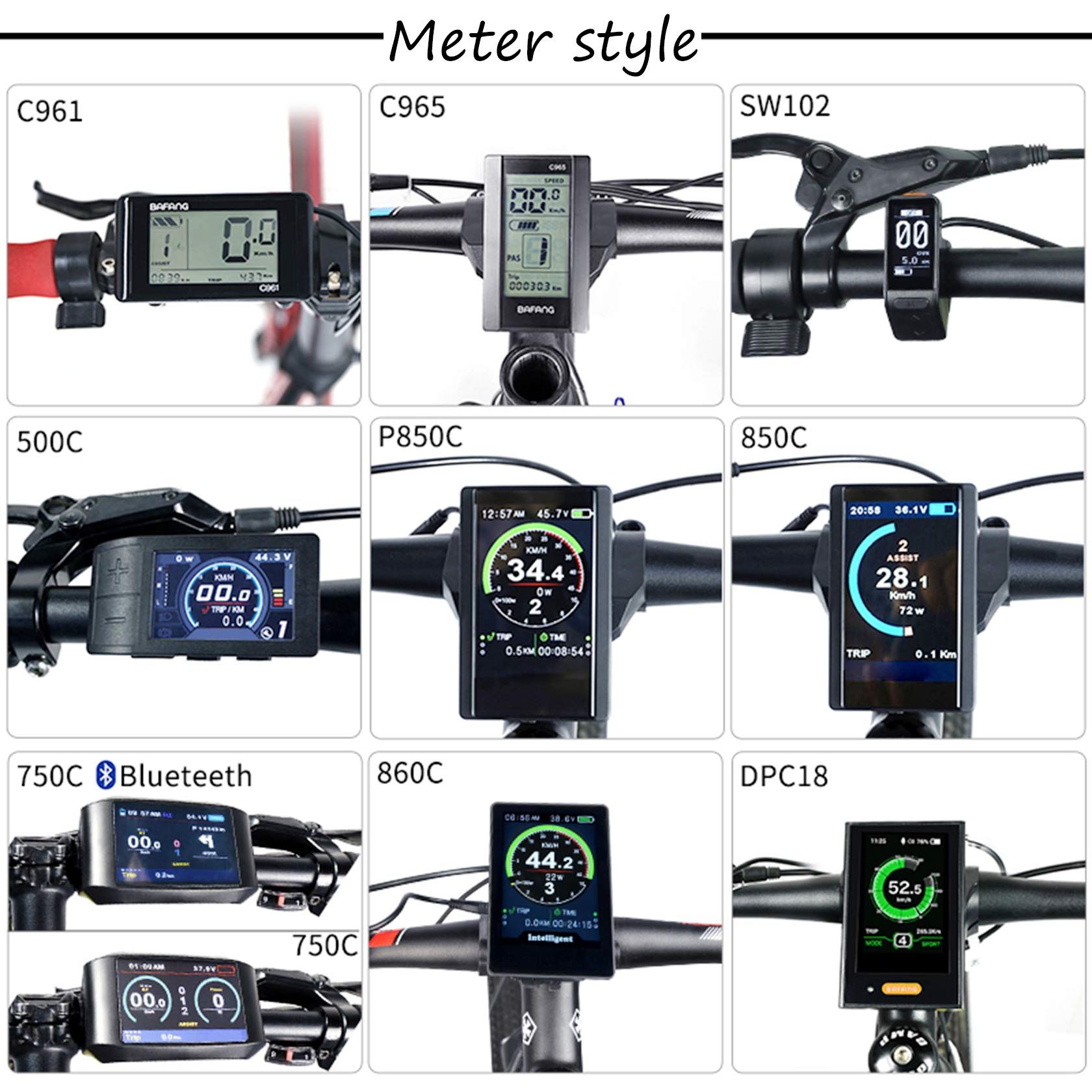 Verschiedene Fahrradcomputer-Displays. Zeigen unterschiedliche Informationen wie Geschwindigkeit und Batteriestatus.