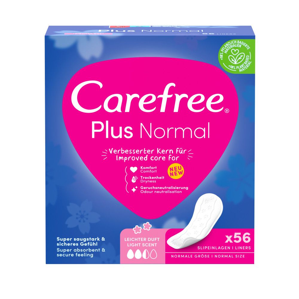 Packung Carefree Plus Normal Slipeinlagen. Rosa Logo, blaue Verpackung. 56 Stück. Leichter Duft. Mit Zertifizierung.