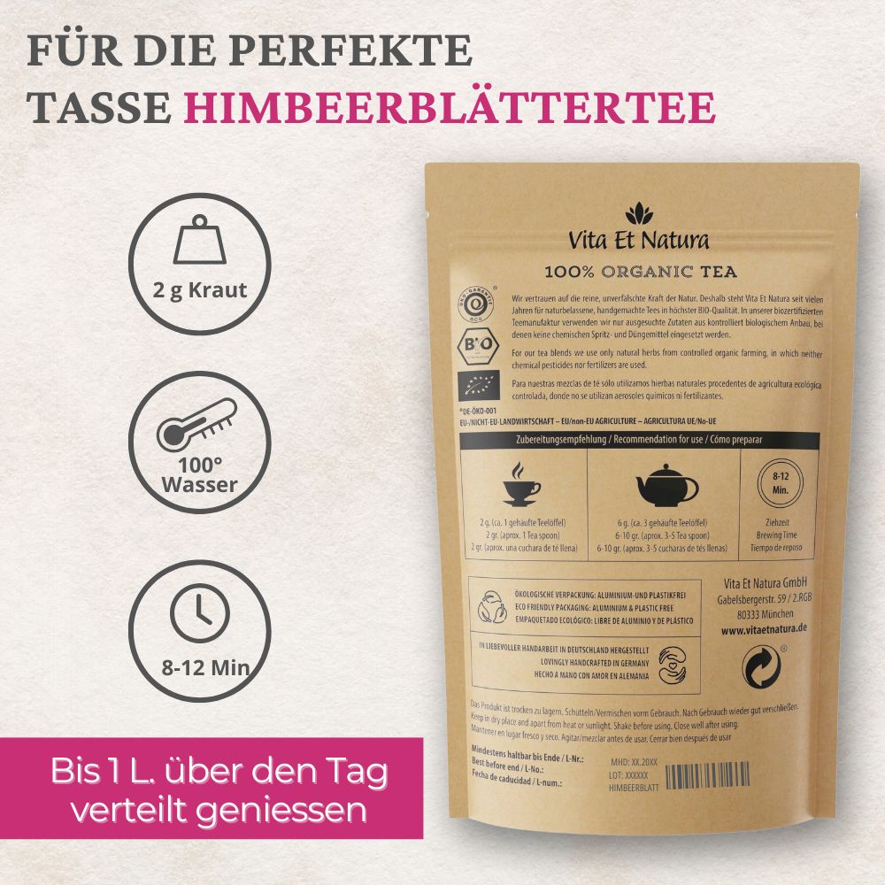 Teepackung mit Text und Symbolen: 2g Kraut, 100°C Wasser, 8-12 Min. Zubereitungshinweise, Bio-Siegel.