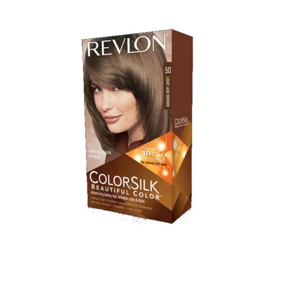 Revlon Colorsilk Haarfarbe, Farbton Light Ash Brown. Verpackung mit Abbildung einer Frau mit braunem Haar. Ohne Ammoniak. Enthält 3D Color Gel Technologie.