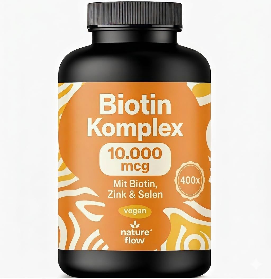 Schwarze Flasche mit orangefarbenem Etikett. Aufschrift: Biotin Komplex 10.000 mcg, Mit Biotin, Zink & Selen. Vegan. Marke: nature flow.