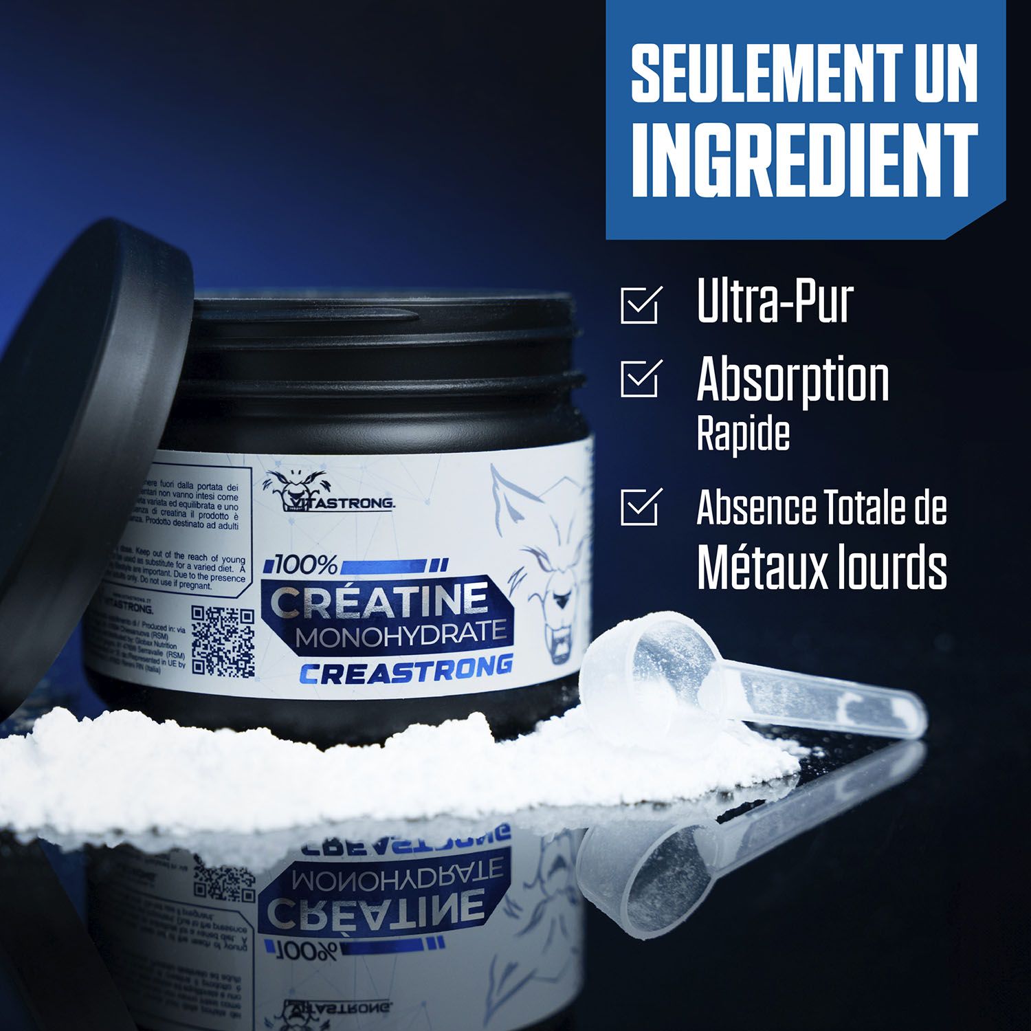 Pot Vitastrong Creatin Creastrong, cuillère et poudre. Texte: Un seul ingrédient. Ultra-pur, absorption rapide, pas de métaux lourds.