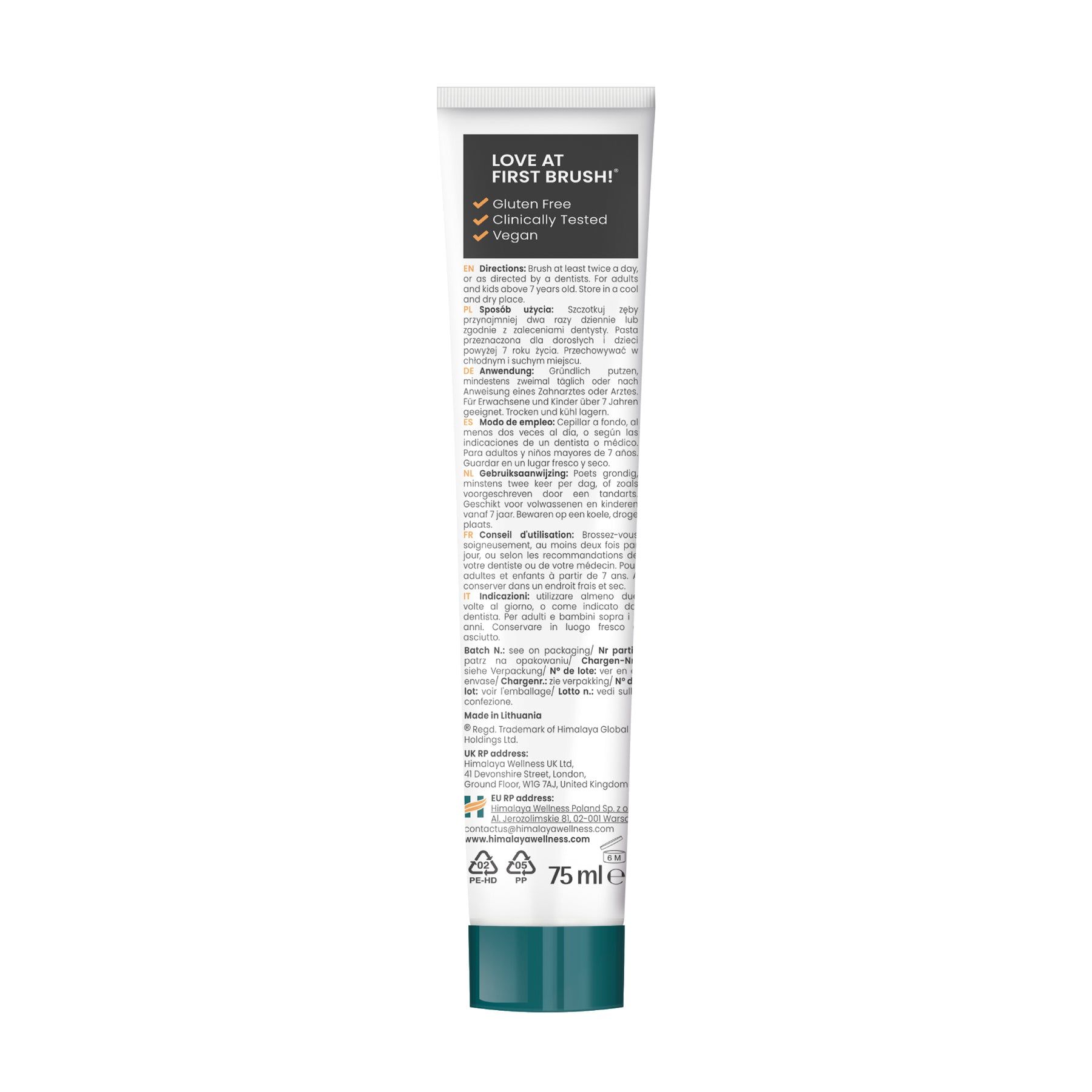 Himalaya Botanique Zahnpasta-Tube mit Informationen und Inhaltsangaben.