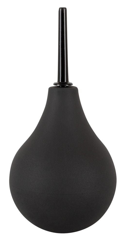 Schwarze Douche mit schwarzem Aufsatz. Birnenförmig, aus Silikon.