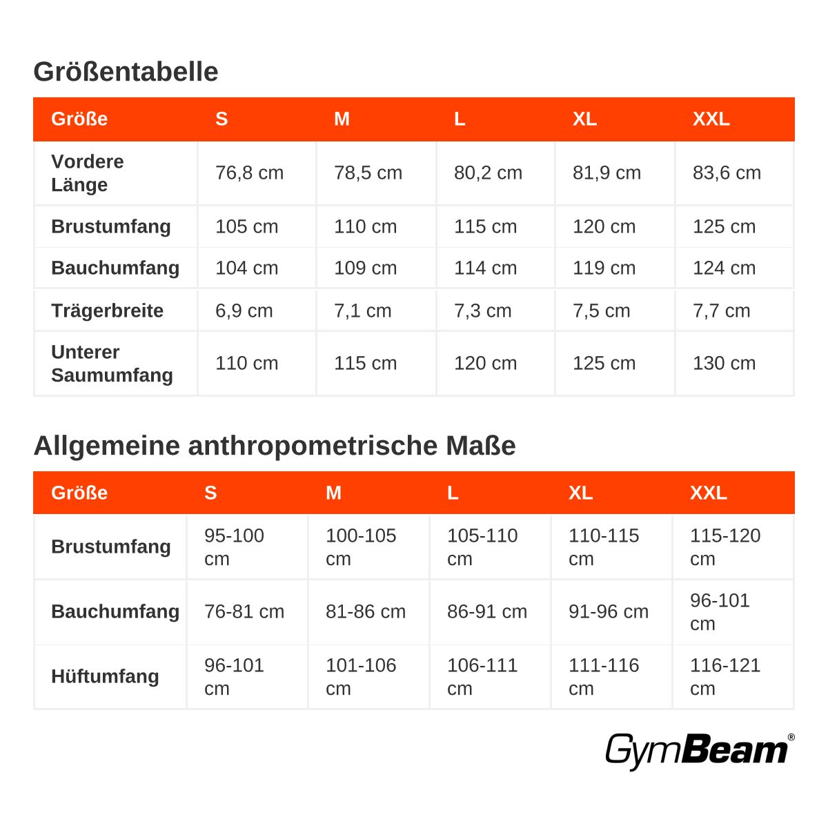 Größentabelle für Herren-Tanktops mit Maßen in cm: Länge, Brustumfang, Bauchumfang, Trägerbreite, Saumumfang.