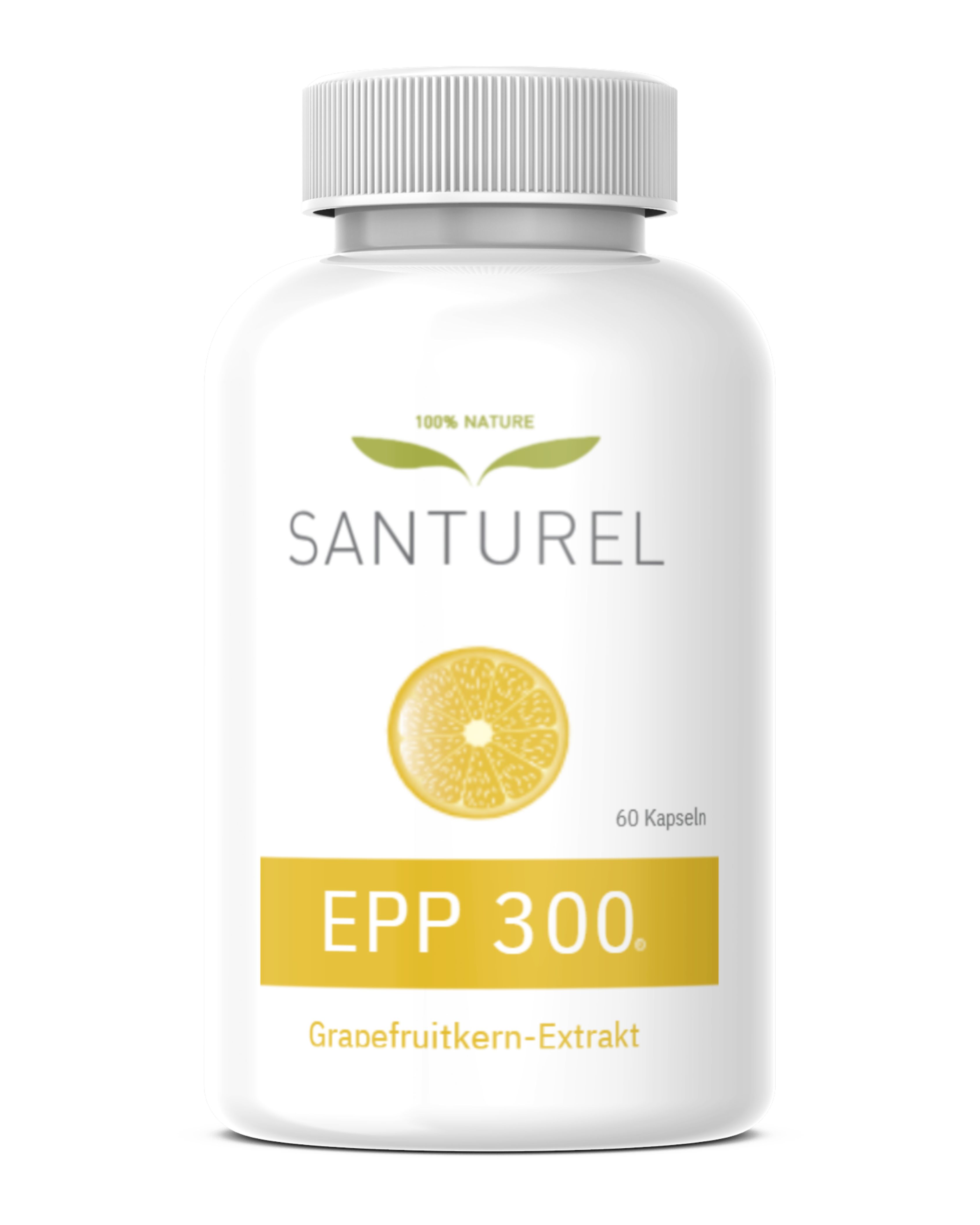 Weiße Flasche mit Kapseln. Aufschrift: SANTUREL, EPP 300, 60 Kapseln. Grapefruitkern-Extrakt.