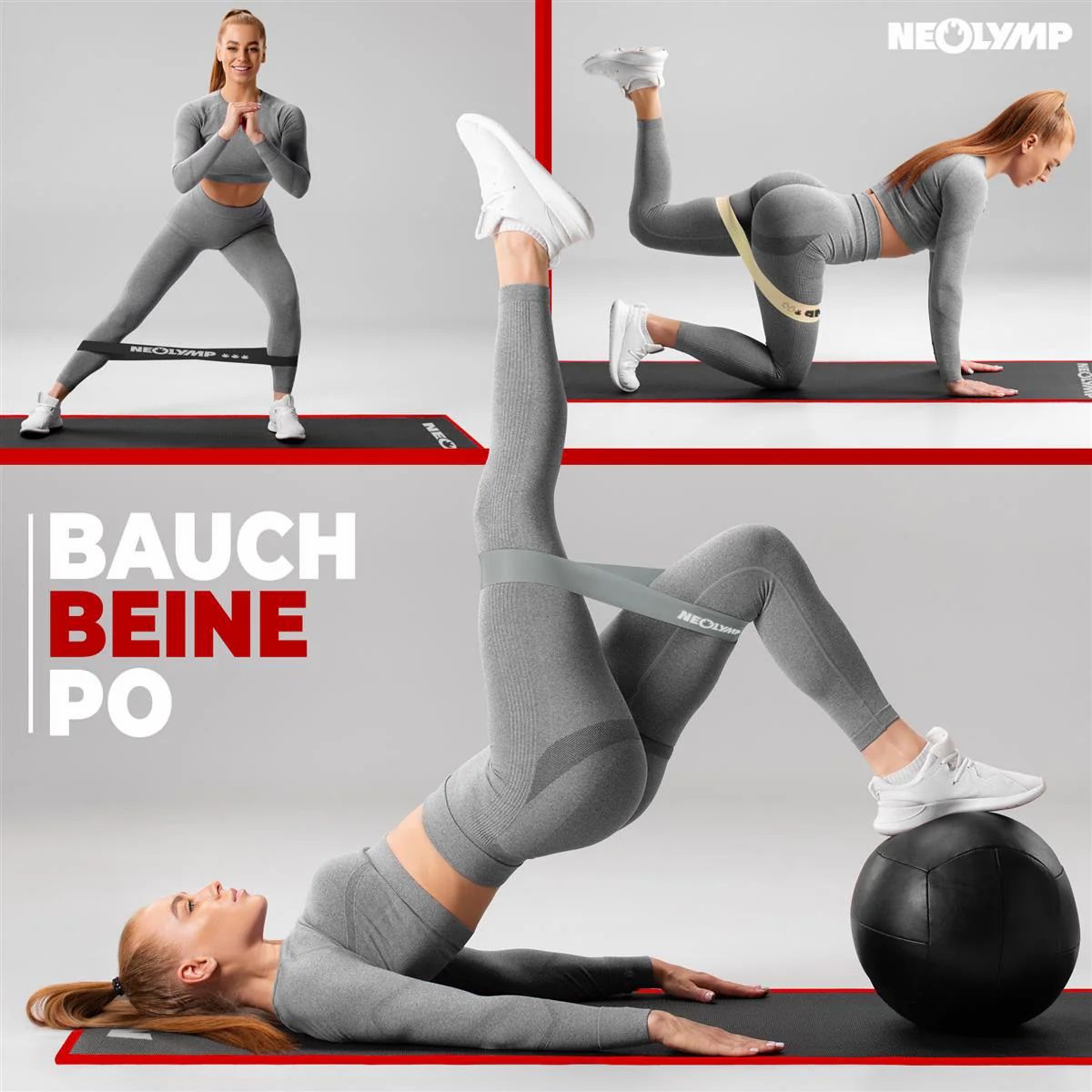 Drei Bilder zeigen Übungen mit einem Fitnessband. Text: "BAUCH BEINE PO" und "NEOLYMP".