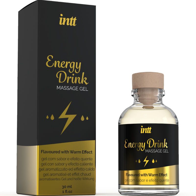Produktverpackung und Flasche. Schwarze Schachtel und Glasflasche mit Holzverschluss. Etiketten mit goldener Schrift: intt Energy Drink Massage Gel.
