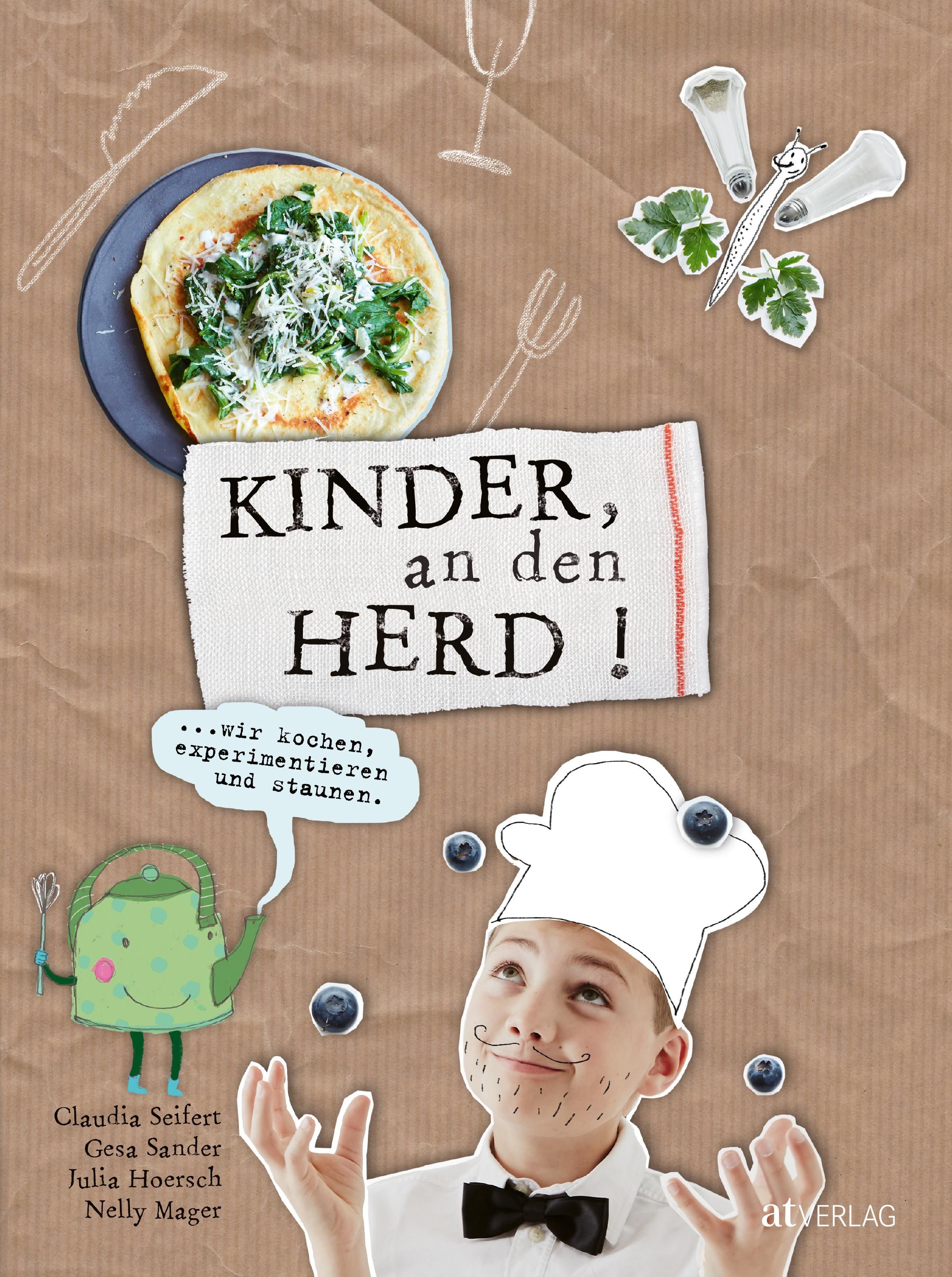 Buchcover mit Titel „Kinder, an den Herd!“. Illustrationen: Essen, Kochmütze, Kind, Kanne. Autorennamen und Verlagslogo.