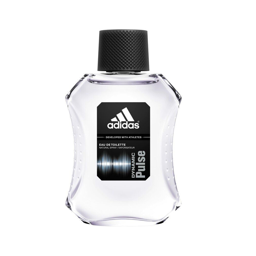 Transparente Flasche mit schwarzem Verschluss. Aufkleber mit Adidas-Logo und Dynamic Pulse. Eau de Toilette.