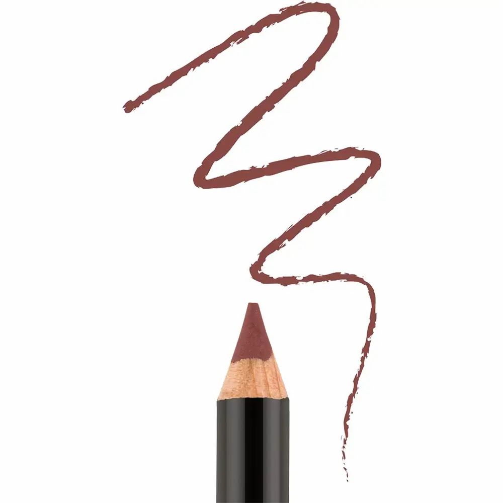 Nahaufnahme eines Lippenstifts in Rosewood. Stiftspitze und Farbabstrich auf weißem Hintergrund.