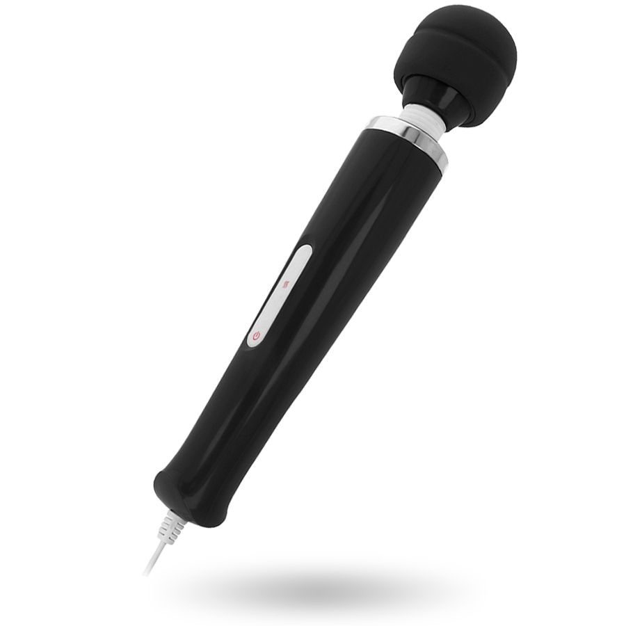 Schwarzer Wand-Massager mit schwarzem Kopf und weißem Kabel. Bedienfeld mit zwei Tasten.