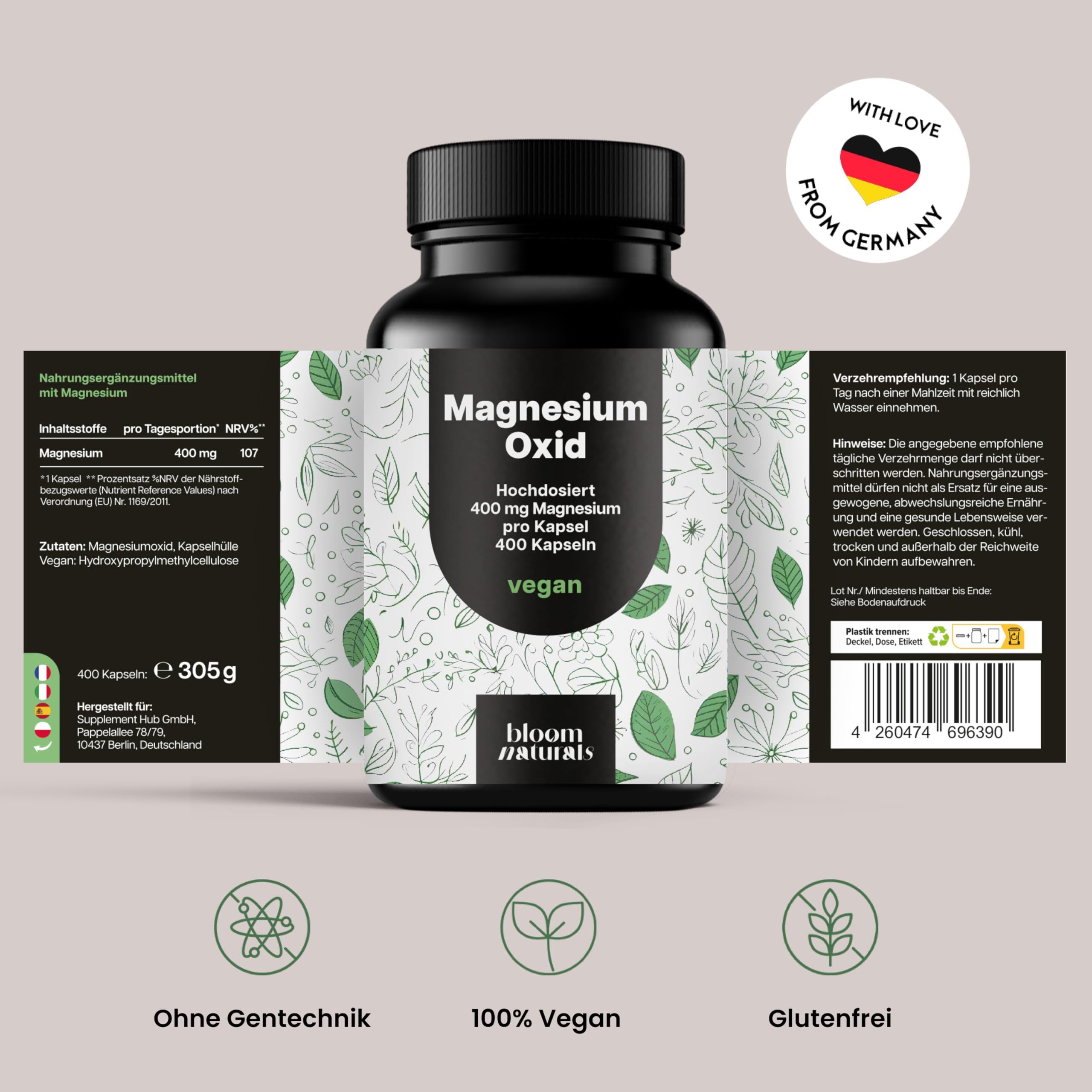 Bloom Naturals Magnesiumoxid Flasche mit Etiketten und Siegeln. "Made in Germany" Siegel.
