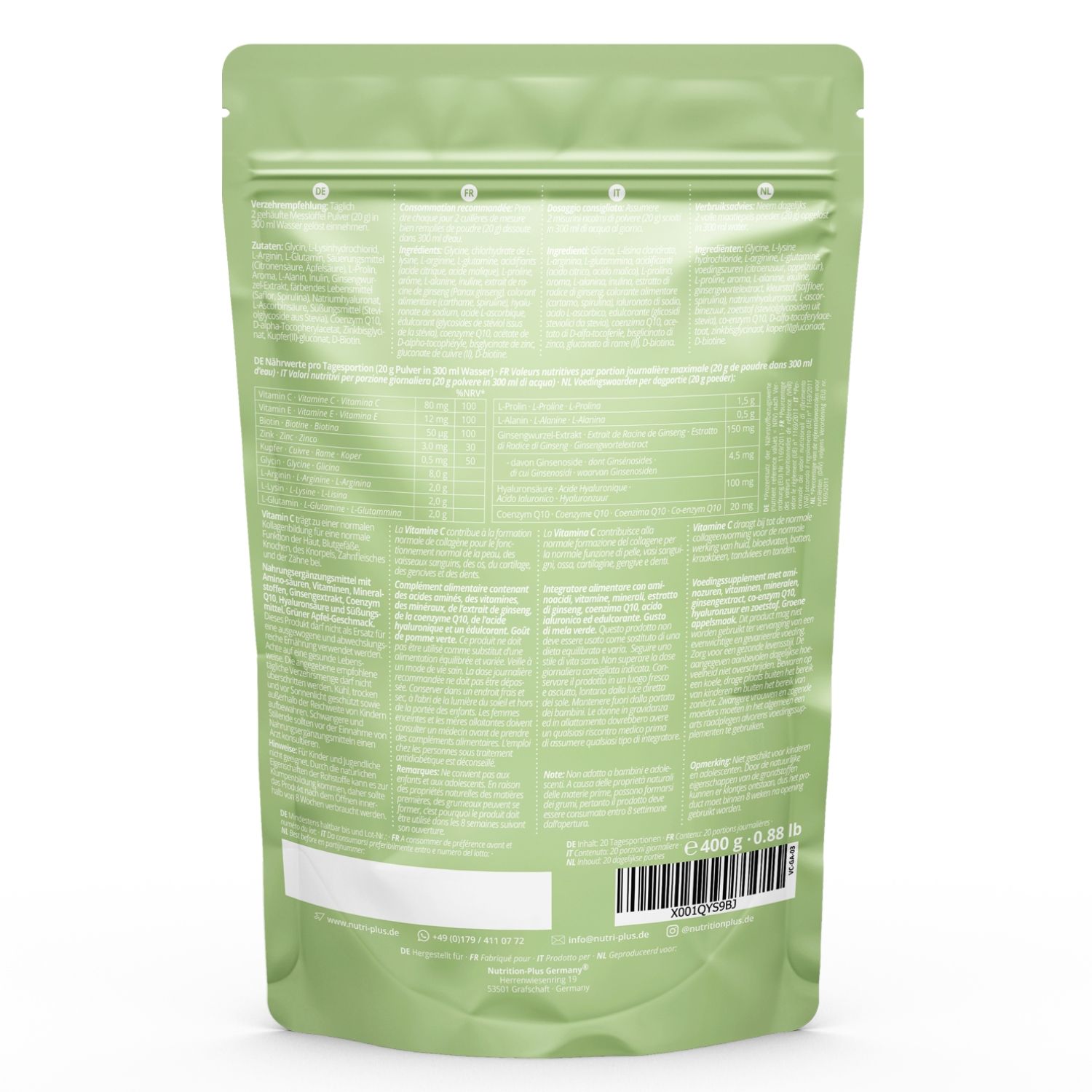 Rückseite eines grünen Beutels. Text: Nährwertangaben, Inhaltsstoffe, Herstellerinformationen. 400 g.