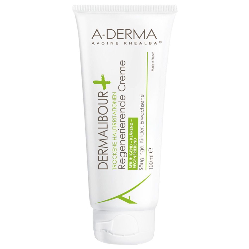 Weiße Tube mit grünem Aufdruck. Text: DERMALIBOUR+ Regenerierende Creme, A-DERMA. 100ml.