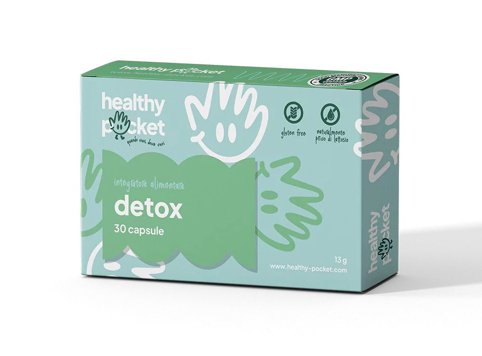 Verpackung von Detox-Kapseln, 30 Stück. Hellblaue Box mit grünen Akzenten und Produktinformationen.