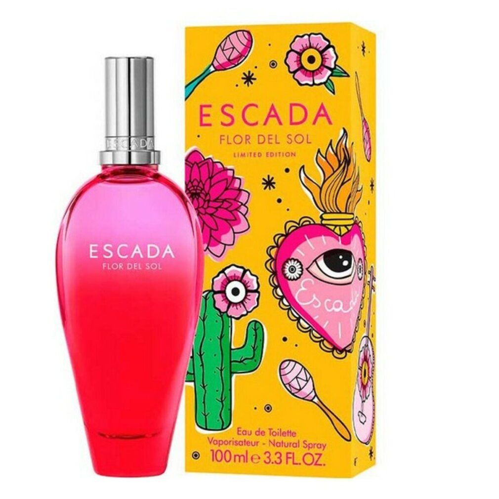 Rosa-roter Flakon neben gelber Schachtel. Aufschrift: ESCADA FLOR DEL SOL. Schachtel mit Illustrationen.