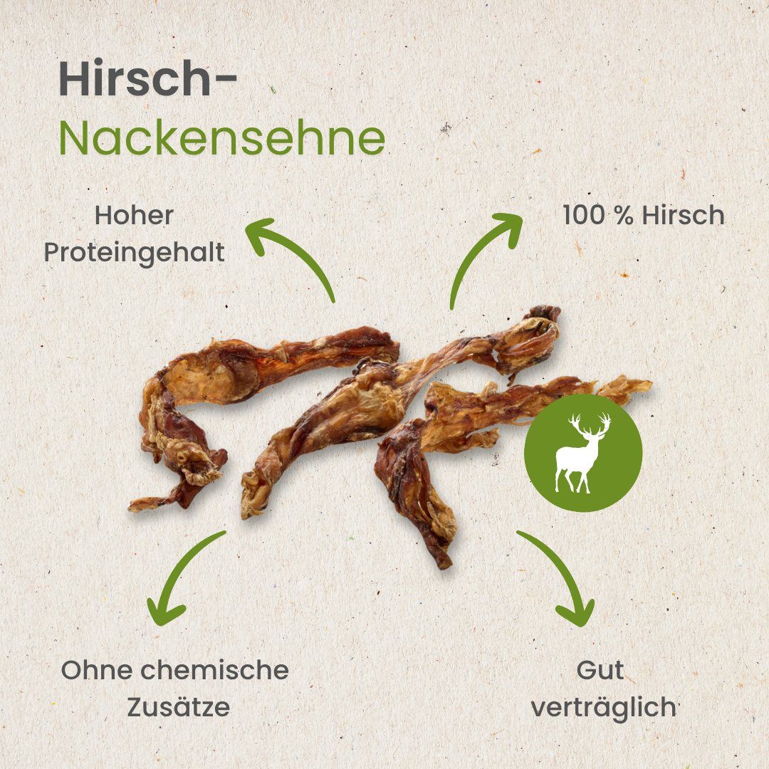 Hirsch-Nackensehne: Länge 9-20cm, Gewicht 10-15g, geringer Fettgehalt, mittelfeste Beschaffenheit.