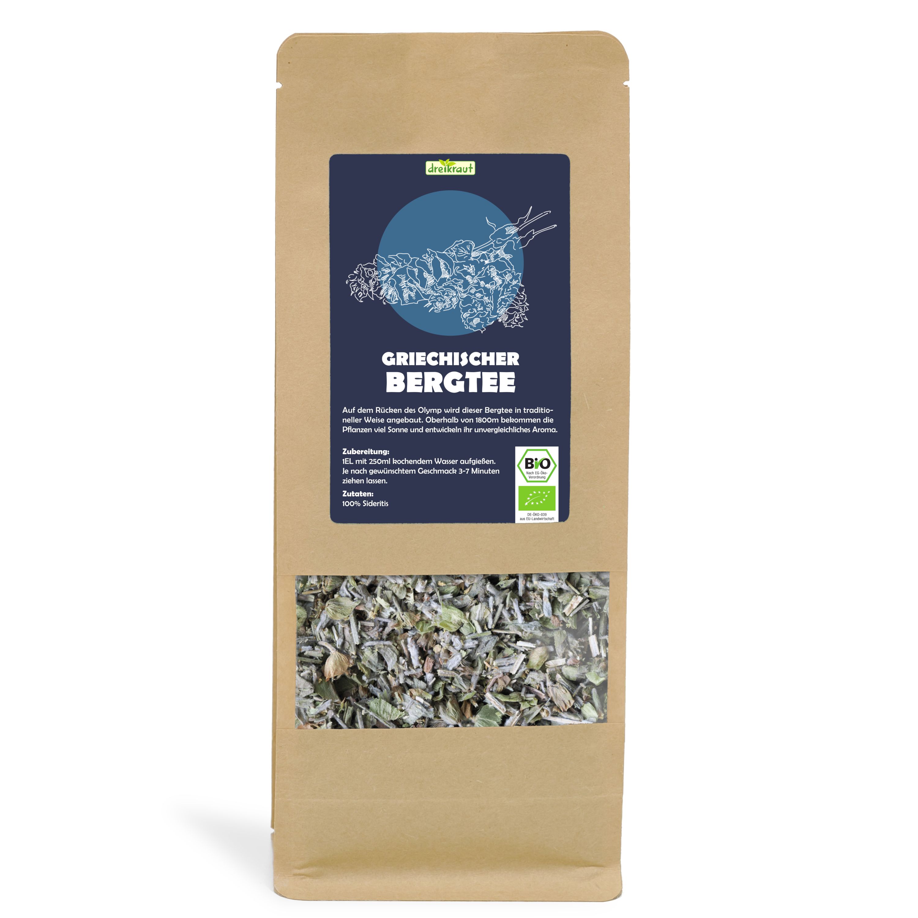 Braune Papiertüte mit Sichtfenster und Aufdruck. Griechischer Bergtee Bio. Bio-Siegel. Sichtfenster mit Kräutern.
