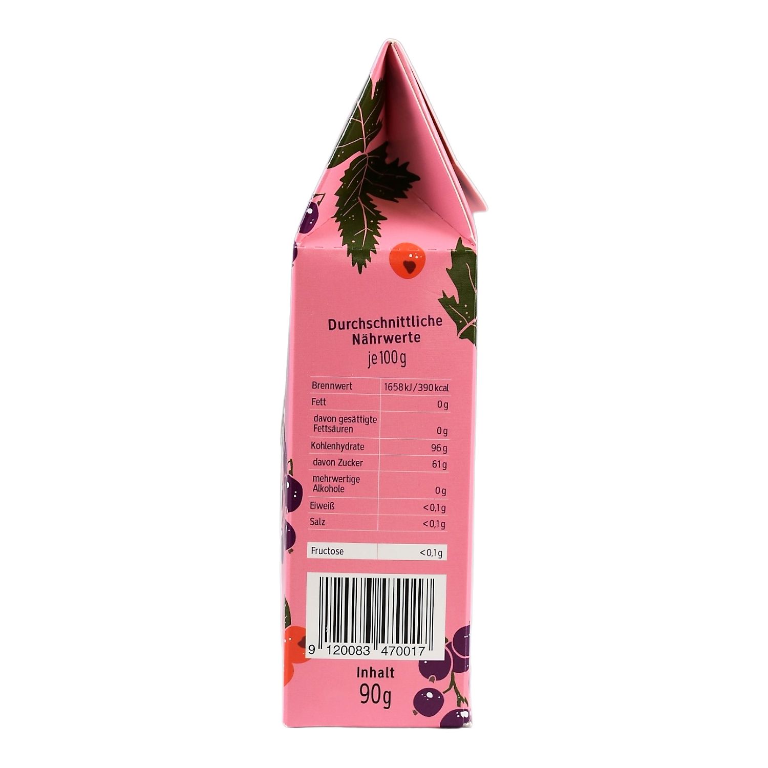 Rosa Verpackung mit Nährwertangaben. Angaben pro 100g. Enthält Fett, Kohlenhydrate, Zucker, Eiweiß, Salz.