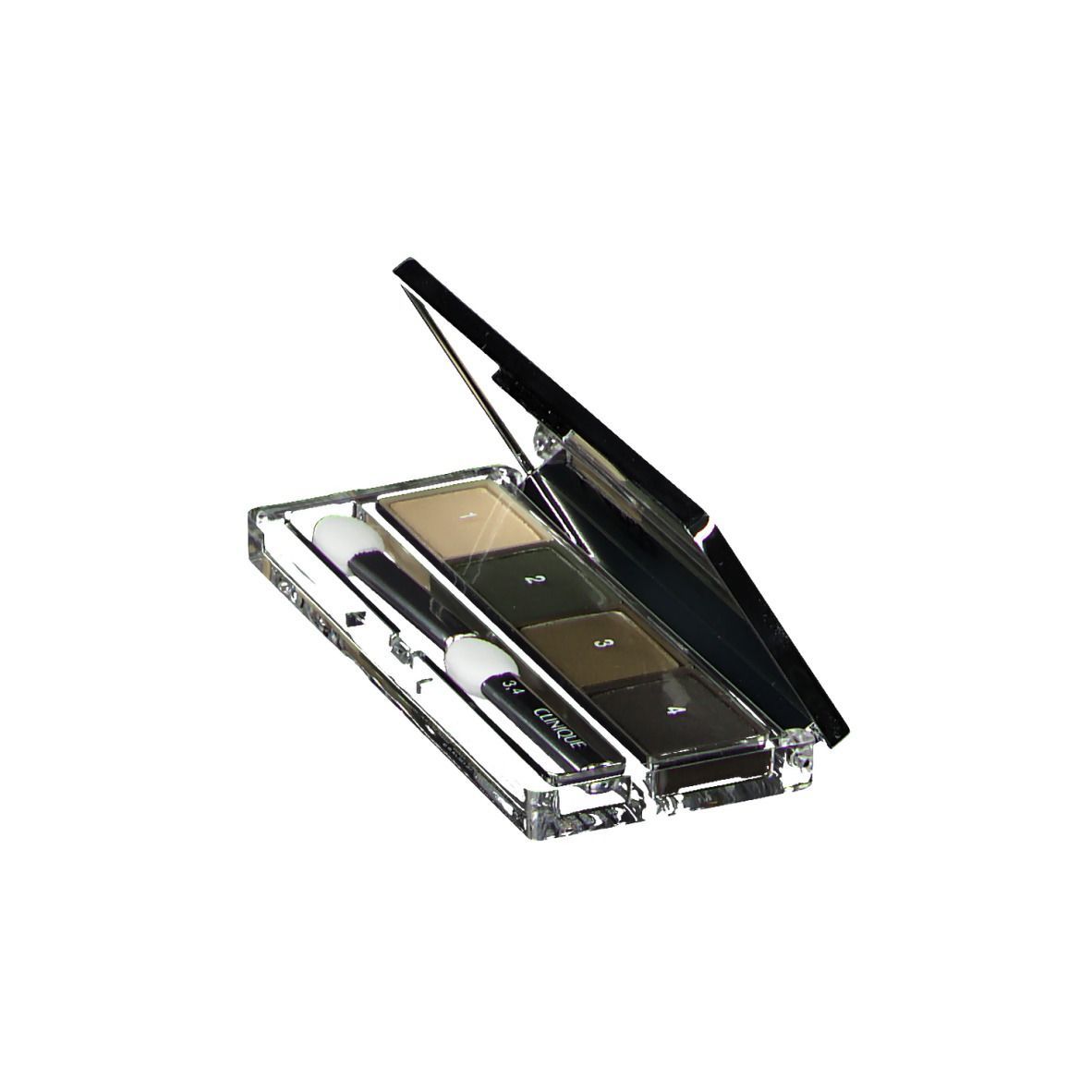 Lidschatten-Palette mit vier Farbtönen, Spiegel und zwei Applikatoren. Transparente Hülle mit schwarzem Deckel.