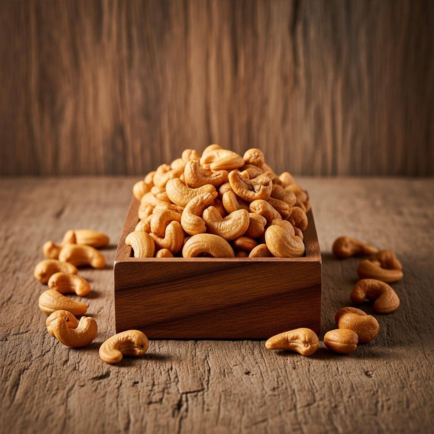 Geröstete Cashewkerne in einer Holzschale, einige verstreut auf Holztisch.