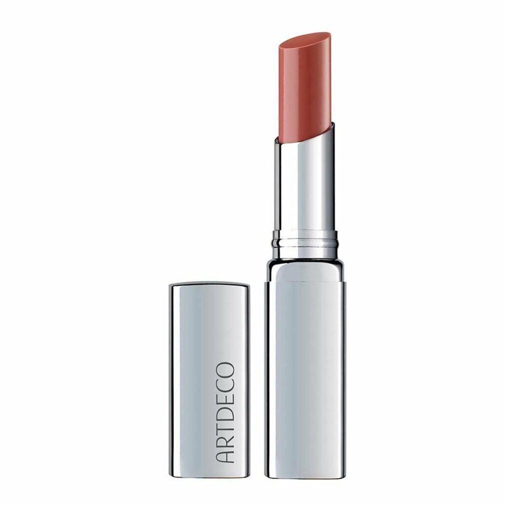 Lippenbalsam mit silberner Hülse und geöffneter Kappe. Der Lippenstift ist in einem warmen Rosaton gehalten. Auf der Hülse steht "ARTDECO".