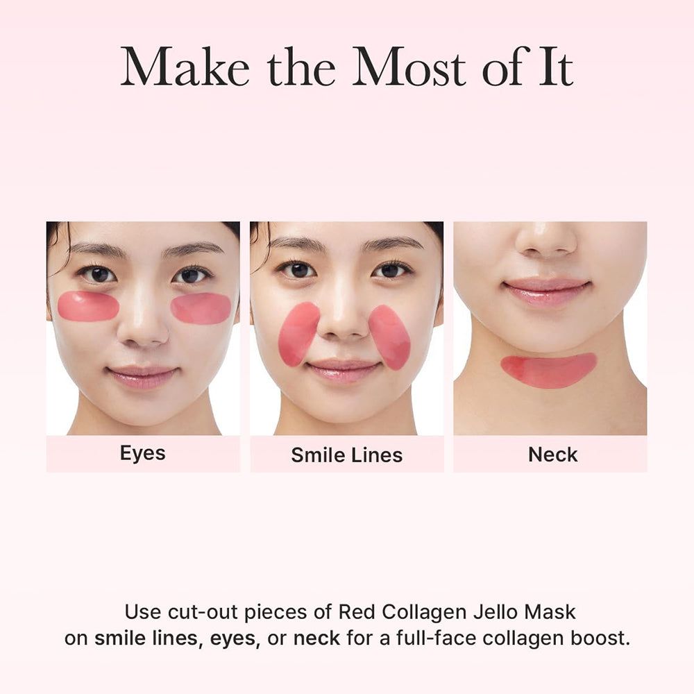 Drei Frauenköpfe zeigen rote Kollagen-Masken-Aufkleber auf Augen, Lachfalten und Hals.