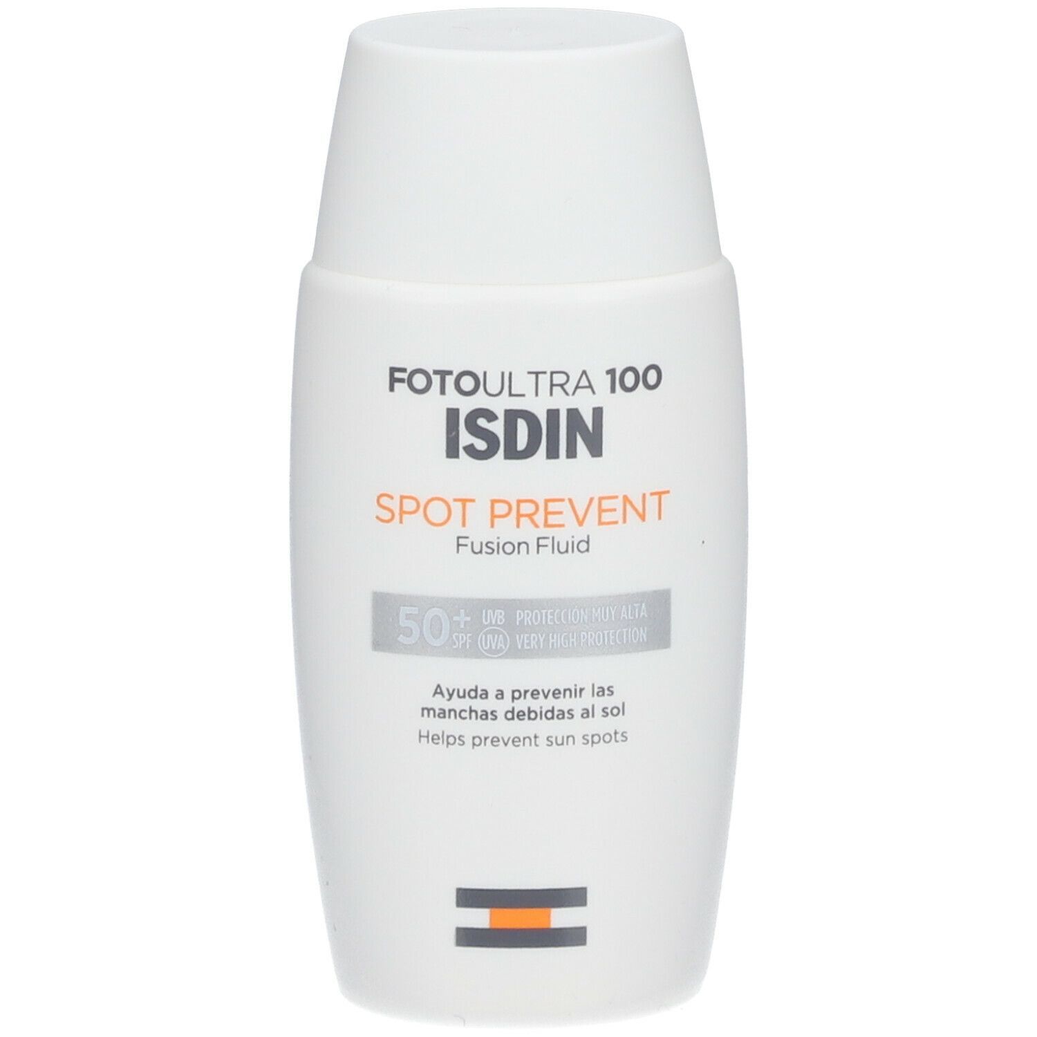 Weiße Flasche mit Aufschrift ISDIN FotoUltra 100 Spot Prevent Fusion Fluid. SPF 50+. Hilft, Sonnenflecken vorzubeugen.
