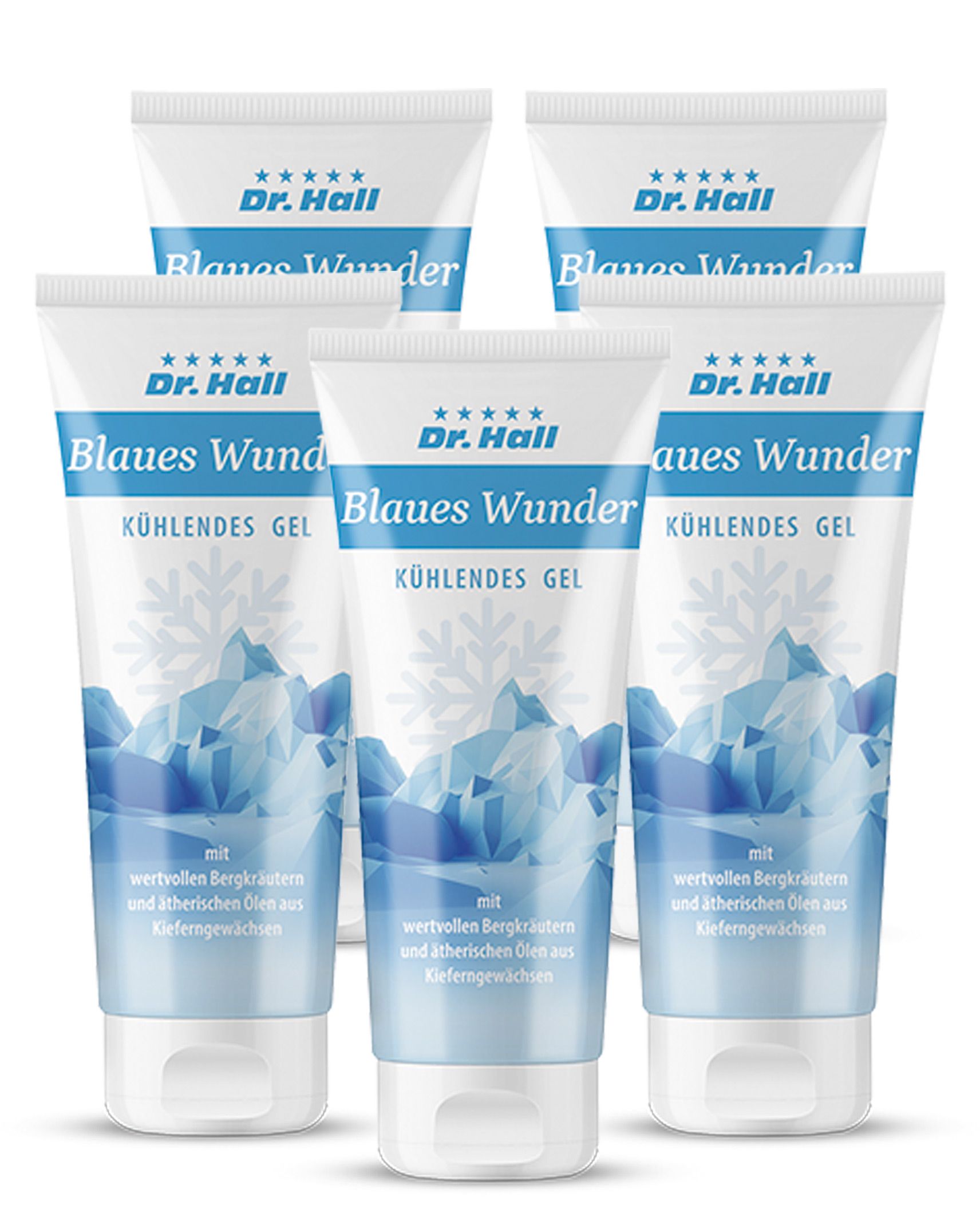 Mehrere Tuben "Dr. Hall Blaues Wunder, kühlendes Gel". Weiße Tuben mit blauem Aufdruck, Produktname und Schneeflocken-Design.