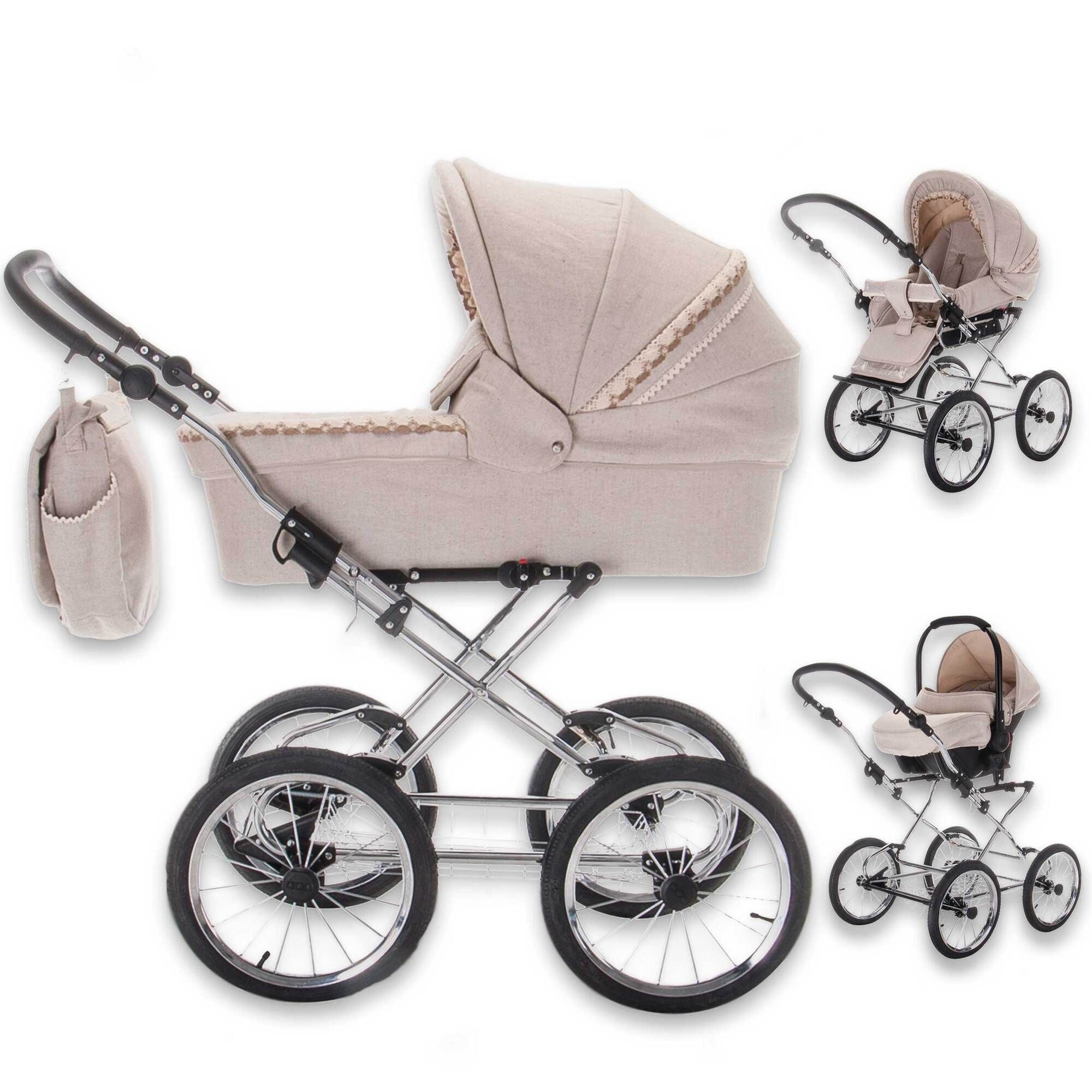 Kinderwagen-Set mit silbernem Gestell, beigem Stoff und vier Rädern. Inklusive Tragetasche und Zubehör. Mehrere Ansichten.