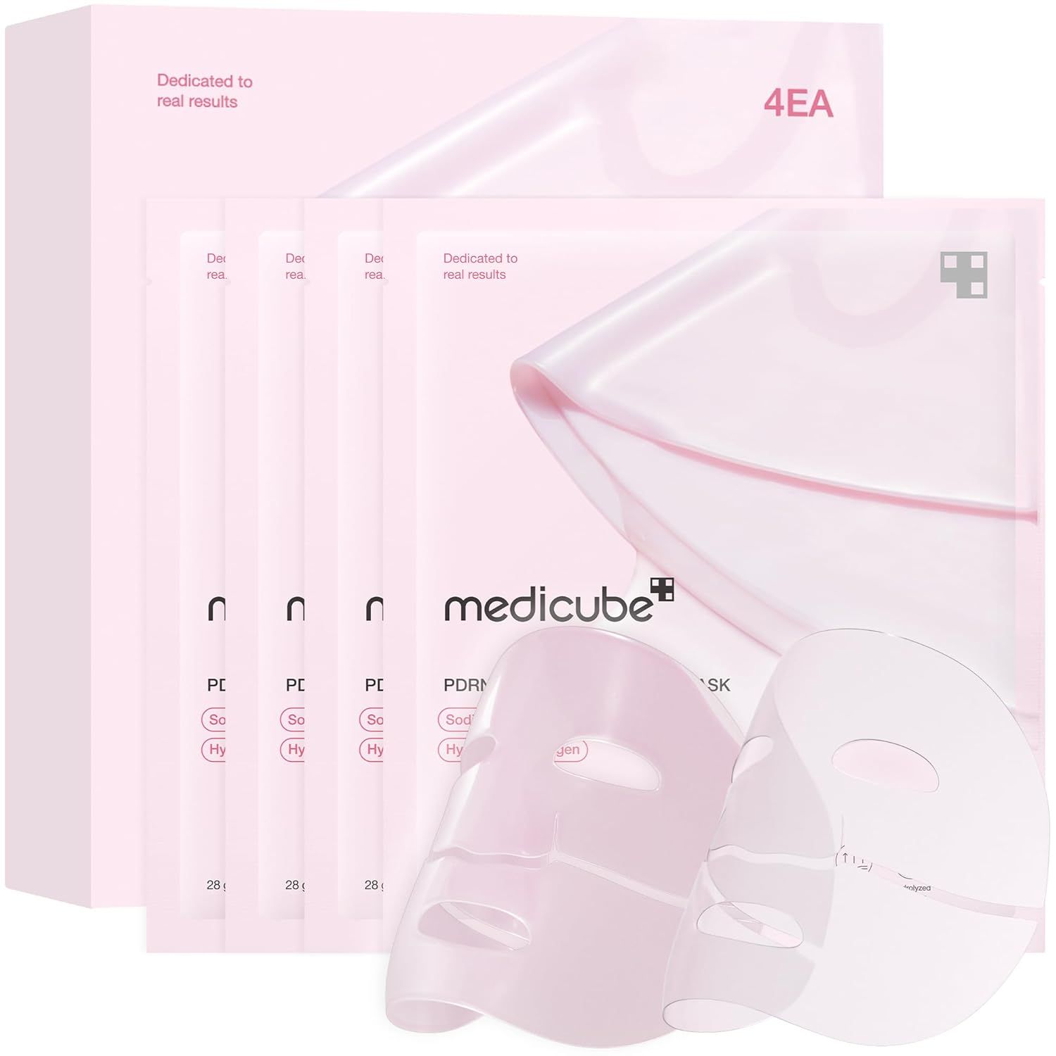 Rosa Verpackung mit Masken. Aufdruck: medicube, PDRN Pink Collagen Gel Mask. Einzelne Masken und Packung mit 4 Stück.