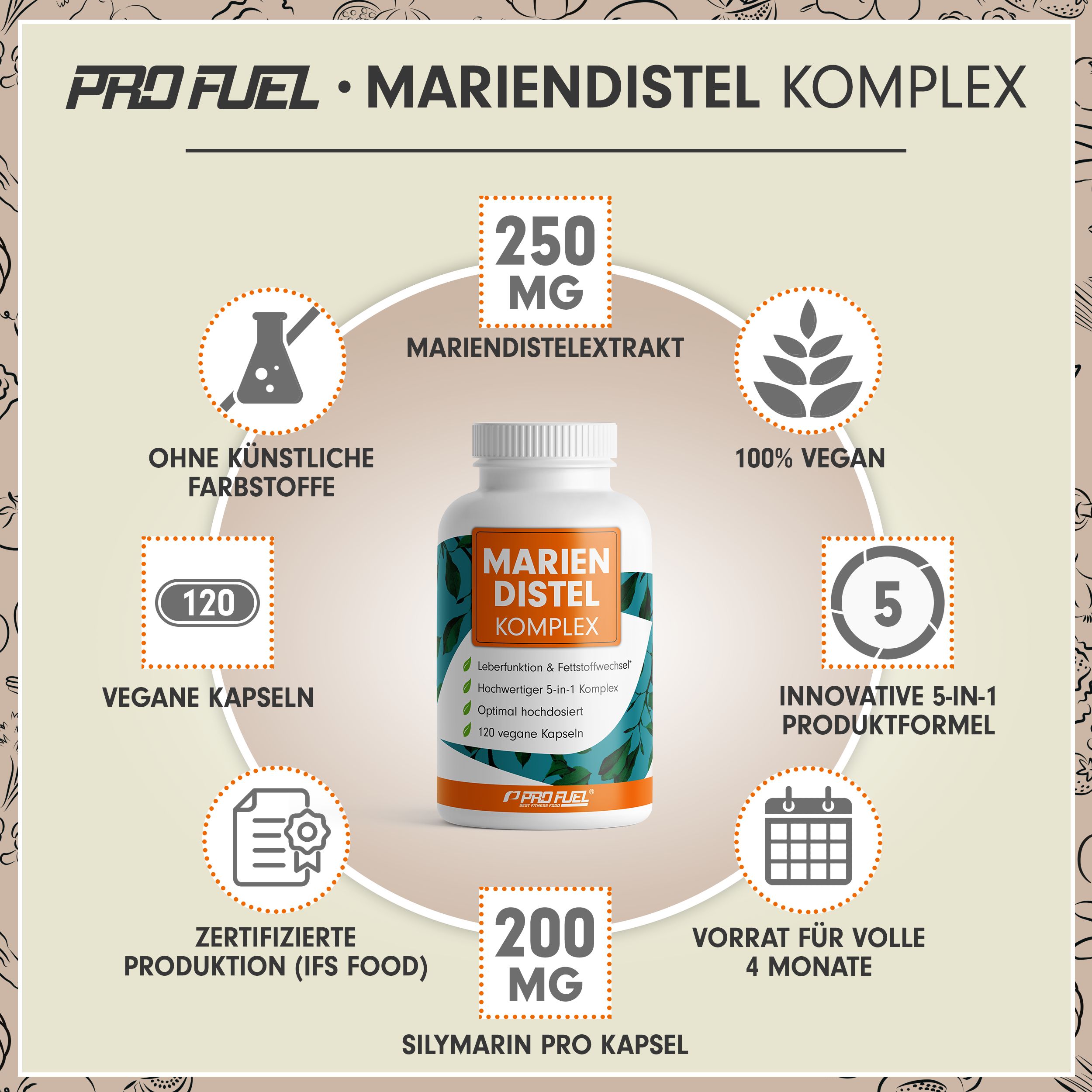 Flasche mit Mariendistel Komplex Kapseln, 120 vegane Kapseln, 250mg Mariendistelextrakt, 200mg Silymarin pro Kapsel.