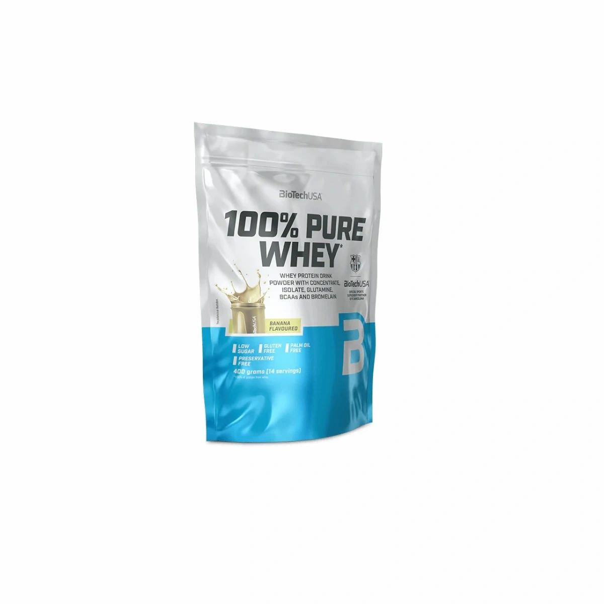 BioTech 100% Pure Whey Proteinpulver-Beutel, Bananen-Geschmack. Enthält BCAA und Glutamin.
