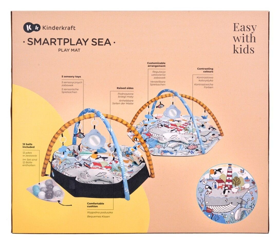 Verpackung mit zwei Abbildungen der Spielmatte Smartplay Sea. Enthält Spielbogen, Spielzeug, Bällebad und Produktmerkmale.